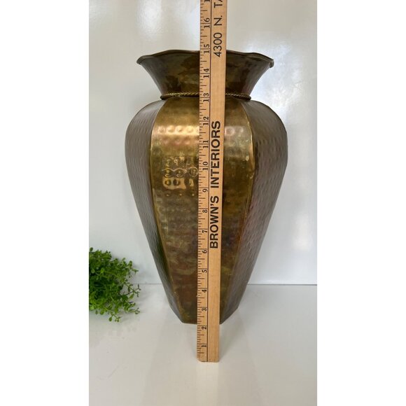 Handmade Hammered Brass Vase With Rope Detail 16" Tall Wide Flared Rim Hexagonal - Picture 5 of 7